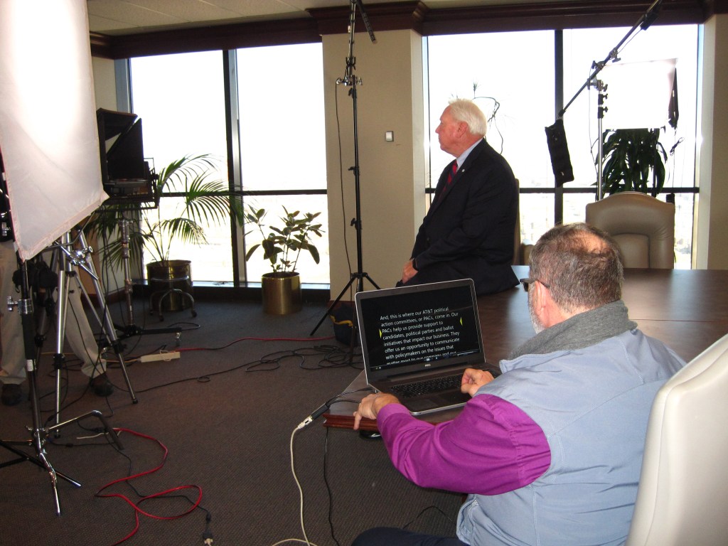Customer testimonial on camera with teleprompter